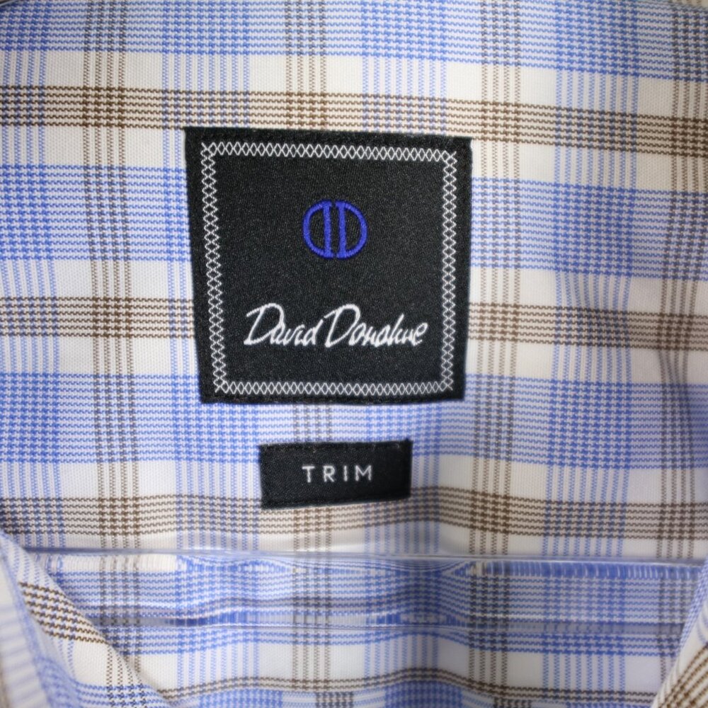 ♥️ 2+, David Donahue Men's 100% Cotton Blue Brown Check Dress Shirt 16 32/33 - Picture 5 of 7